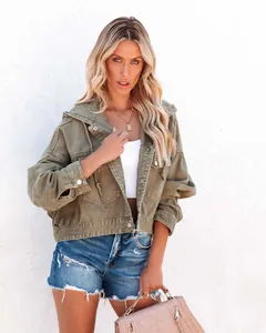 Modische olivgrüne Kapuzen-Jeansjacke mit Kordelzug für Damen im Street-Style locker
