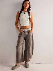 Women's Casual Loose Mid Waist Barrel Leg Jeans Horseshoe Curved Denim Pants Distressed Wide Leg Trousers Streetwear Bottom