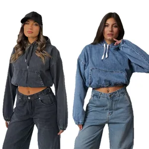 Crop top à capuche en denim délavé ample et élégant pour femme en deux couleurs