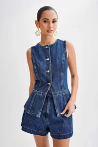 Western style dark blue sleeveless denim vest and high-waisted shorts set for women