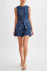 Western style denim two-piece set with sleeveless vest and high waist shorts.