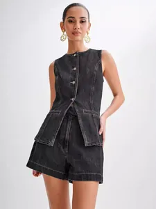 Two-piece western style sleeveless denim vest and high-waist shorts set in charcoal grey