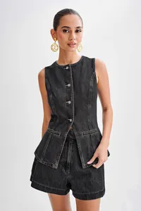 Close-up of women's black denim sleeveless vest and high-waist shorts set