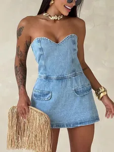 Women Sexy Tube Top Denim Romper Summer Strapless Washed Denim Jumpsuit Back Zipper Casual Short Playsuit Streetwear Fashion Outfits