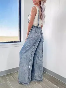 Vintage washed wide-leg denim overalls with raw edge details for women