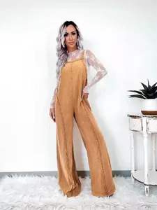 Vintage loose wide-leg denim overalls for women with frayed edges and washed finish