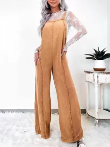 Women's vintage washed wide-leg corduroy overalls with unique frayed edge detailing.