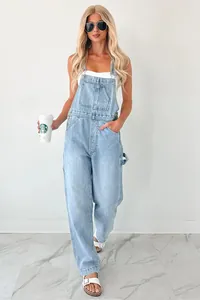 Fashionable light blue denim overalls with loose fit and functional pocket details
