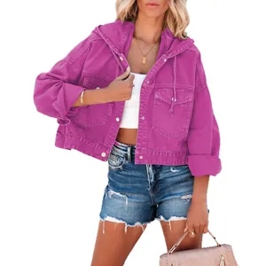 Fashionable vibrant purple hooded denim jacket with loose fit and drawstring for women