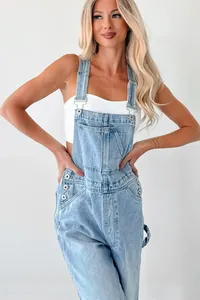 Stylish light wash denim overalls with cargo pockets for a modern Western casual look.