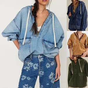 Haut à Capuche en Denim Lavé Décontracté pour Femme Anorak Oversize Streetwear Veste Pull en Denim à Manches Longues