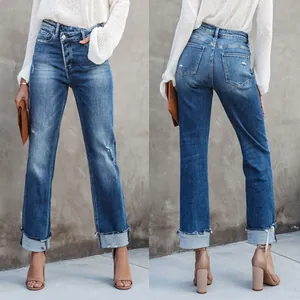 Women's Straight Leg Jeans Distressed Crossover Waist Cotton Polyester Blend Washed Denim Urban Casual Pants For Daily Wear