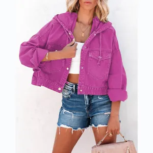 Lässige Damen-Jeansjacke in Lila mit Kordelzug-Kapuze und lockerer Passform in Violett