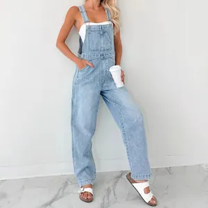 Women's Fashion Denim Overalls With Adjustable Straps Loose Straight Leg Workwear Style Cotton Polyester Washed Jean Jumpsuit