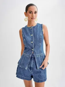 Summer Western style denim two-piece set with sleeveless button vest and high waist shorts