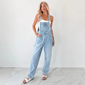 Fashionable light blue denim overalls with cargo pockets for a modern casual look