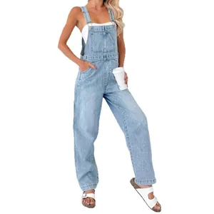 Stylish women's casual denim overalls jumpsuit with adjustable straps and front pocket.