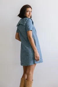 Gedetailleerd achteraanzicht van een blauwe denim jurk met luipaardprint en matrozenkraag