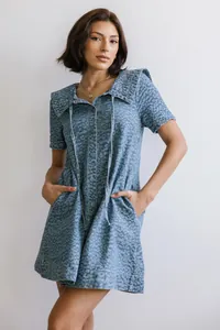 Volledig overzicht van een blauwe denim jurk met luipaardprint, kraag en zijzakken