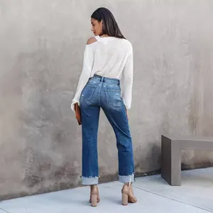Casual high-waisted straight-leg washed blue jeans for women with distressed cuffed hems