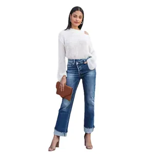 Women's urban casual high-waisted washed blue straight-leg denim jeans with crossover waist