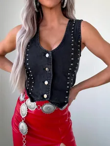 Gilet en jean noir sans manches pour femme avec clous argentés et col en V chic
