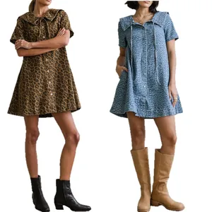 Casual denim minijurk met luipaardprint voor dames met korte mouwen en matrozenkraag