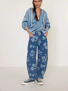 European style women's casual loose floral print barrel leg mid-waist blue denim jeans