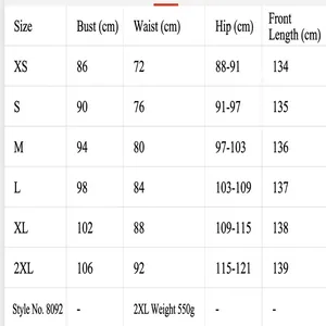 Detailed size chart for evening dress showing bust, waist, and hip measurements in cm.