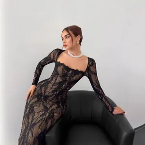 Elegantes Damen Eckiger Ausschnitt Spitze Patchwork Maxi Kleid Langarm Slim Fit Figurbetontes Abendkleid Mit Schlitz Party Kleid
