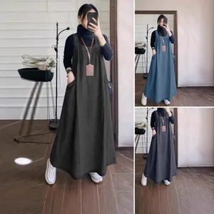 Retro loose denim pinafore maxi dress with functional pockets for women casual style