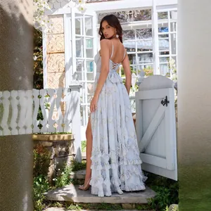 Light blue floral spaghetti strap maxi dress with ruffles and high slit for beach vacation