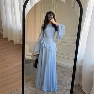 Elegant light blue crew neck long sleeve maxi dress with ruffle detail and slim fit