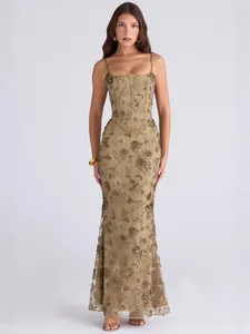 Women Sexy Low Cut Sleeveless Backless Lace Up Maxi Dress Spaghetti Strap Polyester Floral Pattern Evening Party Dress