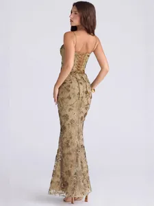 Elegant gold sequined mermaid evening gown with lace-up back and floral embroidery