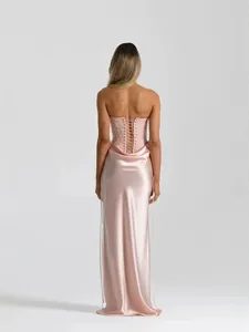Elegant pink strapless sequin satin evening gown with lace-up back and mermaid skirt