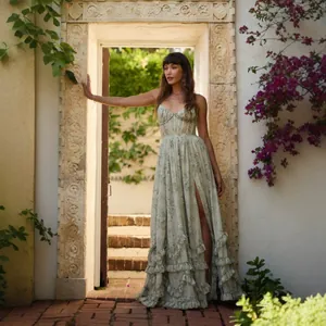 Elegant sage green floral camisole maxi dress with corset bodice and ruffle hem