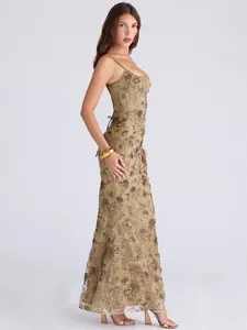 Elegant sleeveless gold sequined floral embroidery backless evening gown for formal events