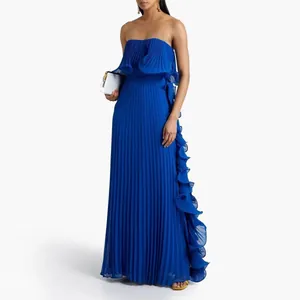 Elegant royal blue pleated strapless maxi dress featuring a flowing ruffled hem for summer
