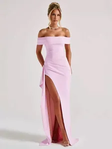 Elegant pink off-the-shoulder evening gown featuring a stylish high side slit detail