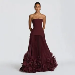 Robe de Soirée Plissée Bustier pour Femmes Élégante Robe Maxi Ajustée Avec Ourlet en Pétales 3D et Traîne Robe de Mariage Formelle