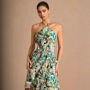 Elegant floral print halter neck pleated evening dress with ruffle layers for women
