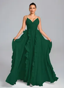 Elegant dark green pleated evening dress with ruffle details and v-neck design
