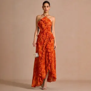 Elegant orange floral pleated evening dress with halter neck and ruffled asymmetric hem