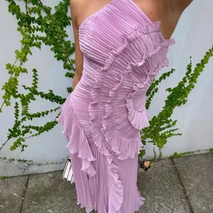 Elegant lavender pleated halter neck dress with ruffled details for summer