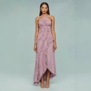 Elegant mauve pleated halter neck maxi dress with asymmetric ruffles for summer events