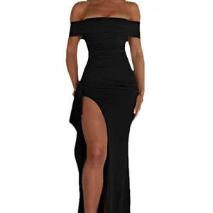 Elegant black off-the-shoulder maxi dress with a sexy high split for evening parties