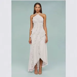 Elegant pleated lavender halter neck maxi dress featuring ruffled asymmetrical hemline