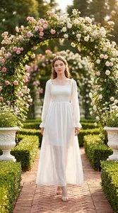 Elegante vestido de hada blanco de manga larga usado por una modelo en un rosedal.