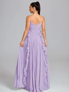 Elegant lavender pleated maxi dress with ruffle detailing for formal occasions.